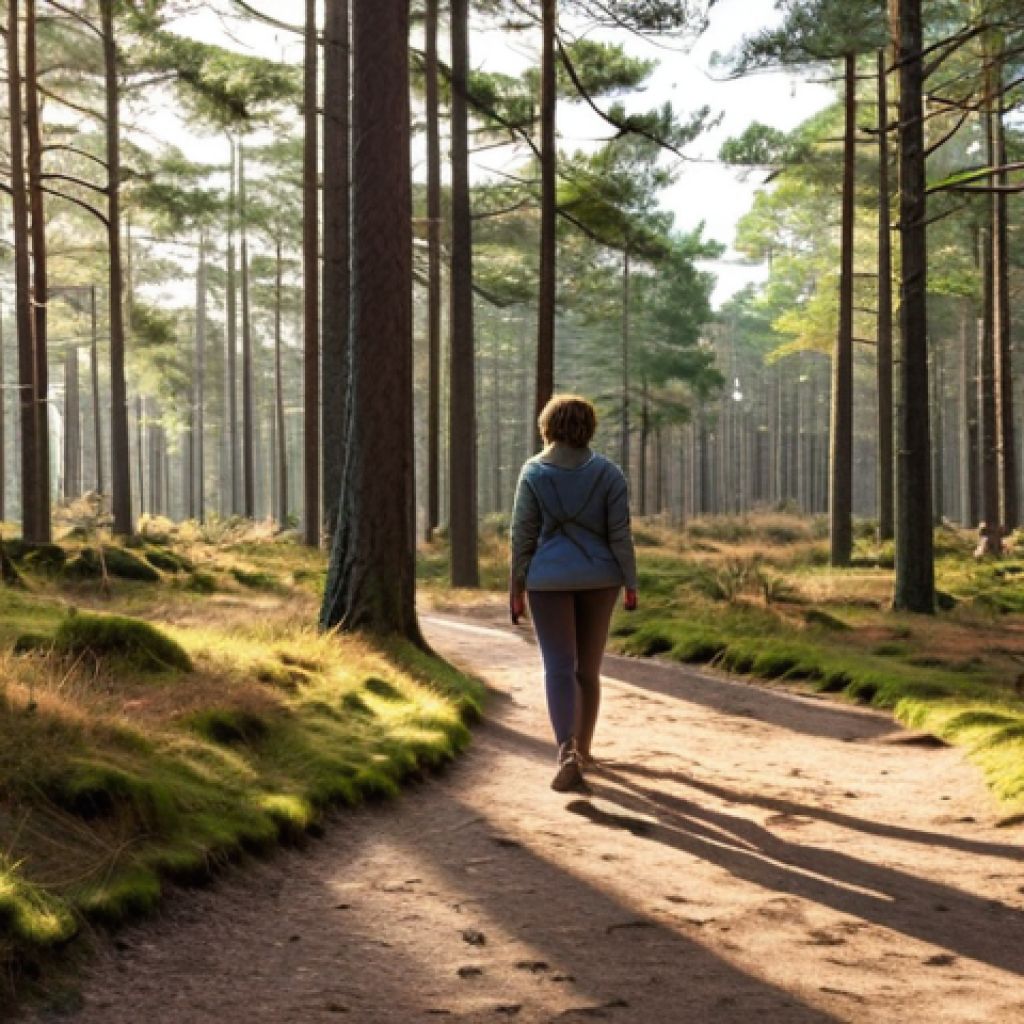 **

A serene forest scene in "De Hoge Veluwe" National Park, Netherlands. Sunlight filters through tall pine trees, illuminating a winding path covered in fallen pine needles. A woman is seen walking on the path, her face relaxed and content. Focus on the interplay of light and shadow, and the rich textures of the forest floor. Dutch heathland elements in the background.

**
