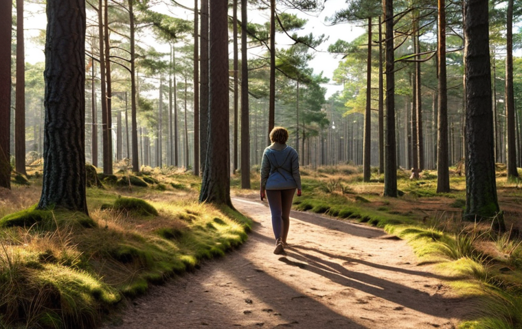 **

A serene forest scene in "De Hoge Veluwe" National Park, Netherlands. Sunlight filters through tall pine trees, illuminating a winding path covered in fallen pine needles. A woman is seen walking on the path, her face relaxed and content. Focus on the interplay of light and shadow, and the rich textures of the forest floor. Dutch heathland elements in the background.

**