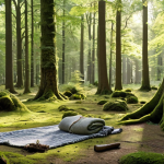 A serene forest scene in the Speulderbos, Netherlands, with ancient trees and dappled sunlight. A comfortable blanket is laid out invitingly, with a thermos of herbal tea nearby. Focus on textures: the rough bark, soft moss, and smooth stones. No technology is visible, emphasizing the tranquility and connection with nature. Dutch forest.