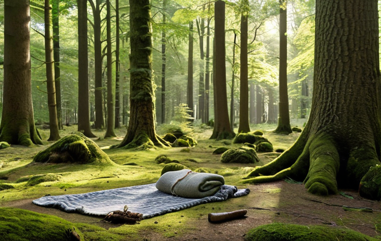 A serene forest scene in the Speulderbos, Netherlands, with ancient trees and dappled sunlight. A comfortable blanket is laid out invitingly, with a thermos of herbal tea nearby. Focus on textures: the rough bark, soft moss, and smooth stones. No technology is visible, emphasizing the tranquility and connection with nature. Dutch forest.