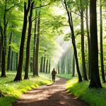 **

A serene forest scene in the Netherlands. Sunlight filters through lush green trees, illuminating a winding path. A person is leisurely walking, appearing relaxed and mindful, with their senses engaged by the natural surroundings. Emphasize the calmness and tranquility of "forest bathing."

**