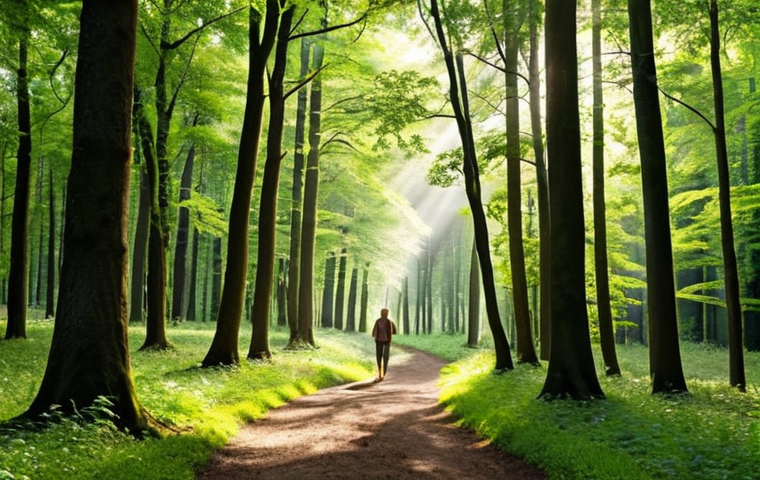 **

A serene forest scene in the Netherlands. Sunlight filters through lush green trees, illuminating a winding path. A person is leisurely walking, appearing relaxed and mindful, with their senses engaged by the natural surroundings. Emphasize the calmness and tranquility of "forest bathing."

**